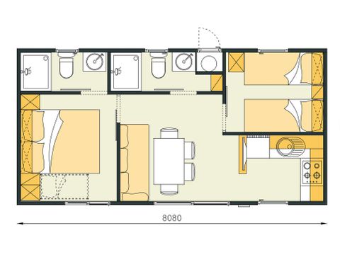 Mobilhome 6 personnes - Mobil-home | Comfort XL | 2 Ch. | 4/6 Pers. | Terrasse surélevée | 2 SDB | Clim. | TV