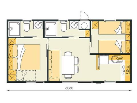 Bungalow 6 personnes - Mobil-home | Comfort | 2 Ch. | 4/6 Pers. | Terrasse surélevée | 2 SDB | Clim. | TV