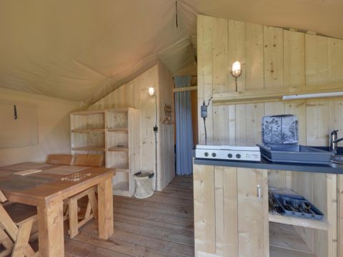 Tente en toile et en bois 4 personnes - Woody 25 Confort Safari Lodge Tente Salle de bain - 2 chambres