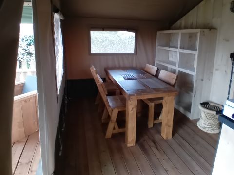Tente en toile et en bois 4 personnes - Woody 25 Confort Safari Lodge Tente Salle de bain - 2 chambres