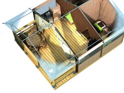 TENTE 5 personnes - Eden Standard 30m² 2 chambres - sans sanitaires + Vue sur le Lot + terrasse couverte 11.5m²