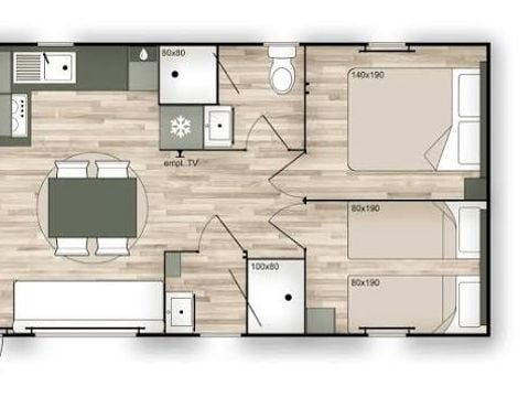 Mobilhome 8 personnes - Cottage Privilège climatisé - 4 chambres - 2 salles de bain