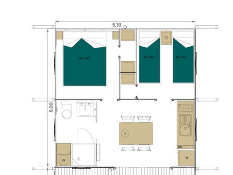TENTE TOILE ET BOIS 4 personnes - Safari Lodge - 2 chambres : 26m² - terrasse semi-couverte m² 4 pers.