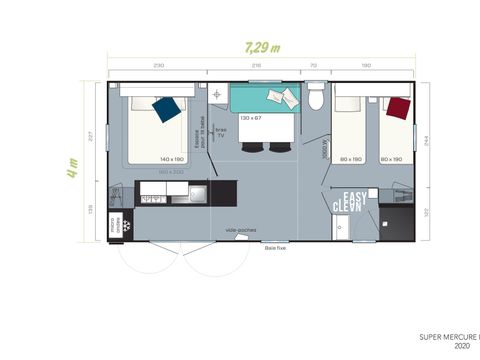 MOBILHOME 5 personnes - Family 2ch-CLIM-terrasse XXL couverte-TV-LV-plancha-28m² | PREMIUM