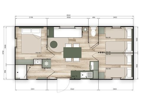 Mobilhome 7 personnes - CONFORT - 3 chambres avec climatisation +TV - 2026