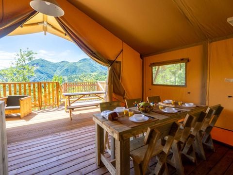 TENTE 6 personnes - Tente Lodge Premium 35m² 3 chambres + terrasse 16m² (avec sanitaire)