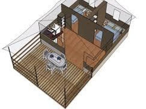 Tente en toile et en bois 5 personnes - Freeflower Confort 37m² (2 chambres) + terrasse couverte 13m² - sans sanitaires - 5 pers