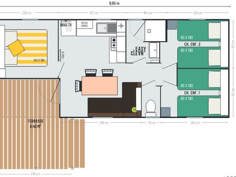 MOBILHOME 6 personnes -  Loggia Confort 27,6m² (3ch-6pers) + Terrasse couverte 8m² + TV + Clim