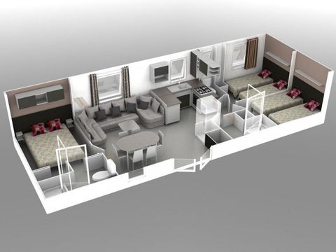 Mobilhome 6 personnes - Mobilhome Premium 40 m² (3 chambres, 2 salles de bain) avec terrasse couverte + TV