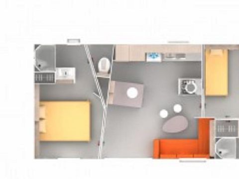 Mobilhome 4 personnes - Mobilhome Premium 40 m² (2 chambres, 2 salles de bain) avec terrasse couverte + TV + LV