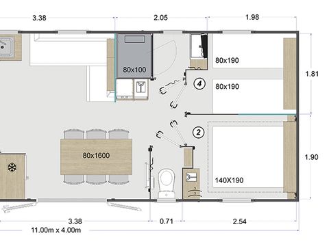 MOBILHOME 8 personnes - Mobilhome Premium 40 m² (4 chambres, 2 salles de bain) avec terrasse couverte + TV + LV