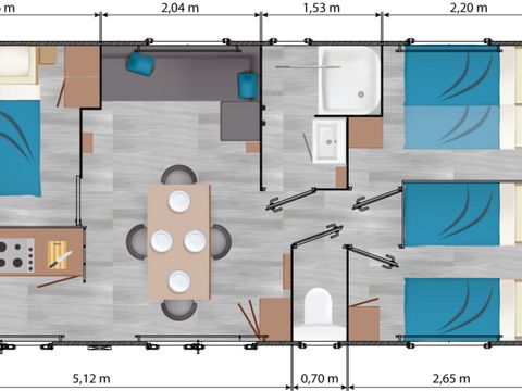 MOBILHOME 10 personnes - Tribu Premium 75m² (5 chambres, 3 salles de bain) avec terrasse couverte + TV + LV