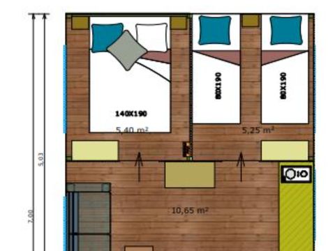 BUNGALOW TOILÉ 5 personnes - Freeflower Standard 37m² - 2 chambres - sans sanitaires - terrasse couverte de 8m² 5 pers