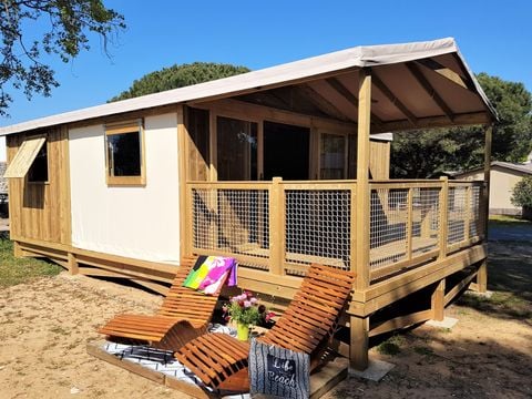 TENTE TOILE ET BOIS 4 personnes - Cosyflower Premium 38m² - 2 chambres + TV + draps + serviettes + terrasse semi-couverte 11m² 4/5 pers