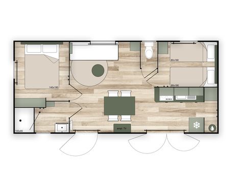 MOBILHOME 4 personnes - Mobil-home PREMIUM 4p (33m²) , 2 chbres, clim, TV, Lave-vaisselle, terrasse, lit Queen Size