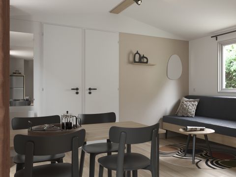 MOBILHOME 4 personnes - Mobil-home PREMIUM 4p (33m²) , 2 chbres, clim, TV, Lave-vaisselle, terrasse, lit Queen Size