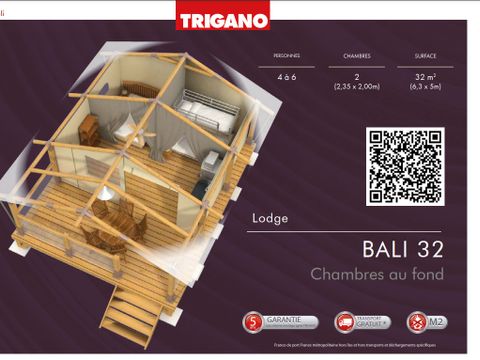 Tente en toile et en bois 4 personnes - Safari Bali 35m² - Standard - 2 chambres - Terrasse - Sanitaires individuels à proximité