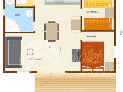 CHALET 6 personnes - Chalet Savania PREMIUM46 34 m² (2 chambres) + terrasse couverte de 13 m² + TV + clim réversible 4/6 pers
