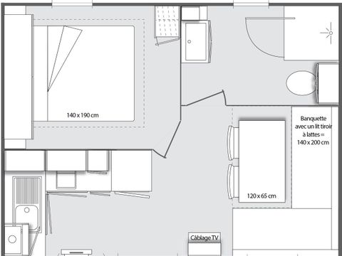 MOBILHOME 2 personnes - Confort 18m² 1 chambre + terrasse couverte + climatisation + TV