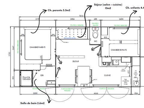 MOBILHOME 4 personnes - Homeflower Premium 26.5m² (2 chambres) + CLIM + terrasse semi-couverte + TV + draps + serviettes