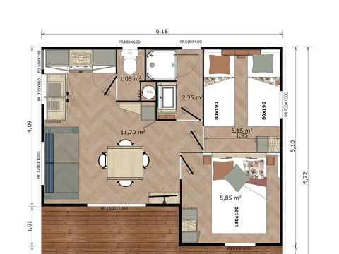 Chalet 4 personnes - Chalet Mimosa 2 chambres avec climatisation