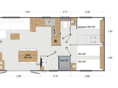 MOBILHOME 6 personnes - Premium 37m² 3 chambres + Terrasse + TV + LV + BBQ + 2SDB + Quartier Piéton
