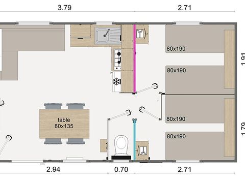 MOBILHOME 6 personnes -  Comfort | 3 Ch. | 6 Pers. | Terrasse surélevée | 1 SDB | Clim. | TV