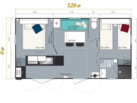 MOBILHOME 4 personnes - Homeflower premium 29m² (2 chambres) + CLIM + terrasse semi-couverte + TV + draps + serviettes | 4 personnes