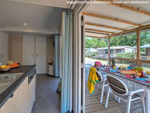 MOBILHOME 6 personnes -    	 Homeflower premium 35m² (3 chambres) + CLIM + terrasse semi-couverte + TV + draps + serviettes | 6 personnes