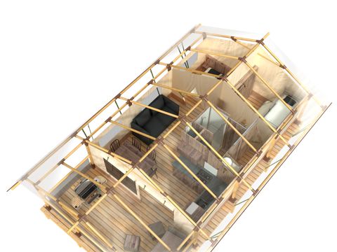 TENTE TOILE ET BOIS 7 personnes - Tente Ciela Nature Lodge - 2 chambres - Cuisine équipée – Salle de bain TENTE TOILE ET BOIS 7 personnes - Tente Ciela Nature Lodge - 2 chambres - Cuisine équipée – Salle de bain