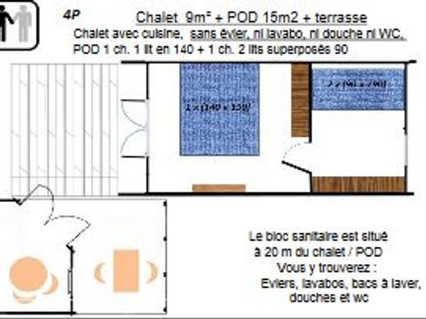 BUNGALOW 4 personnes - POD + chalet cuisine sans sanitaires (Animaux interdits) 2 adultes + 2 enfants