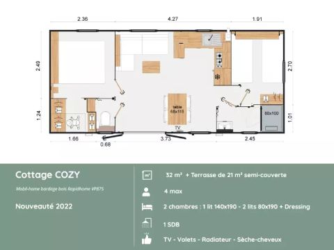 Mobilhome 4 personnes - Cottage COZY – 2 chambres, 4 personnes