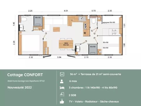 Mobilhome 6 personnes - Cottage CONFORT – 3 chambres / 2 salles de bains, 6 personnes