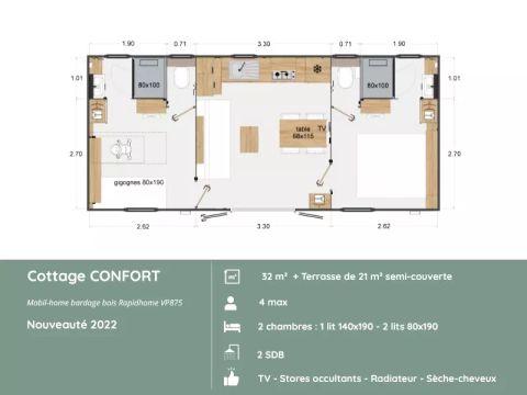 Mobilhome 4 personnes - Cottage CONFORT – 2 chambres / 2 salles de bains, 4 personnes