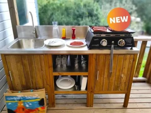 MOBILHOME 7 personnes - Salon Premium avec 3 chambres - cuisine extérieure