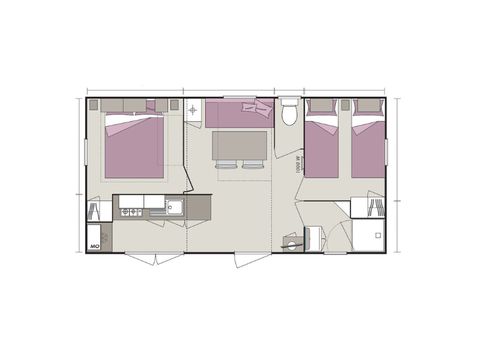MOBILHOME 4 personnes - Homeflower Premium 29m² (2 chambres) + CLIM + terrasse semi-couverte + TV + draps + serviettes 4 pers.