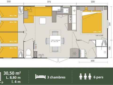 MOBILHOME 6 personnes - Homeflower Premium 35m² (3 chambres) + CLIM + terrasse semi-couverte + TV + draps + serviettes 6 pers.