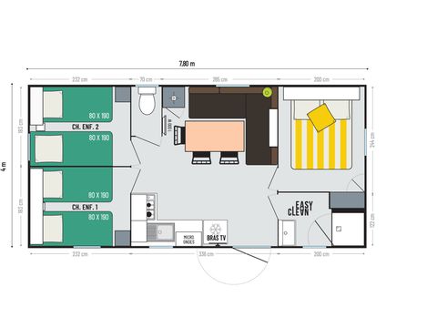 MOBILHOME 6 personnes - Confort 27m² 3 chambres + terrasse sur pilotis