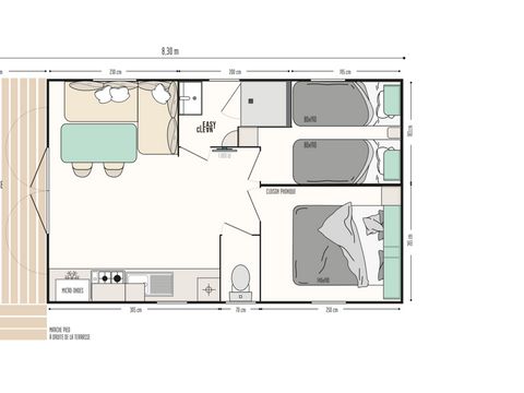 MOBILHOME 4 personnes - Face Confort 25m² (2 chambres) + TV + Terrasse intégrée - Arrivée Dimanche