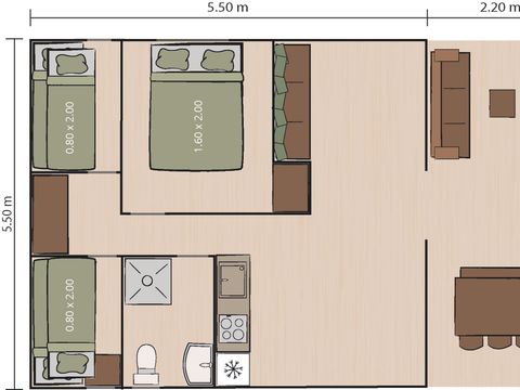 TENTE TOILE ET BOIS 5 personnes - Polari - Tente Safari + sanitaires + climatisation (6P)