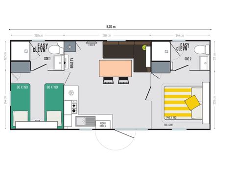 Mobilhome 6 personnes - Gamme - PREMIUM – - 2 chambres - 2 salles de bain – - Climatisation