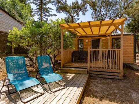 MOBILHOME 6 personnes - MH Modulo DUO BOIS 2 chambres 29 m² avec terrasse bois couverte et terrasse bois solarium