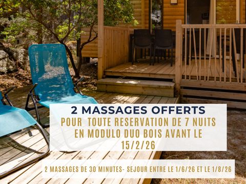 MOBILHOME 6 personnes - MH Modulo DUO BOIS 2 chambres 29 m² avec terrasse bois couverte et terrasse bois solarium