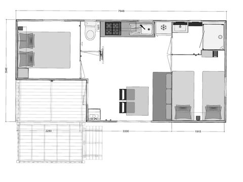 MOBILHOME 4 personnes - MALAGA BOIS 27m² - 2 chambres  - 4 pers, terrasse bois semi couverte
