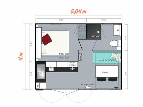 MOBILHOME 2 personnes - CAHITA- 1 chambre - 18 m²- terrasse semi-couverte de 12m²