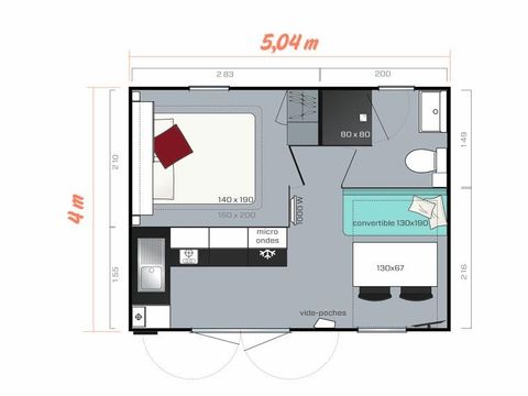 MOBILHOME 2 personnes - Cottage CAHITA - 18 m² - terrasse bois semi-couverte - 1 chambre 1/2 pers