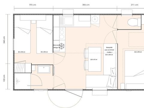 MOBILHOME 4 personnes - LITCHI -26 m²- 2 chambres- terrasse semi-couverte de 12m²