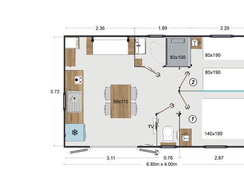 Mobilhome 4 personnes - Palmy Premium 24,5m2 - 2 chambres - CLIM - TV - Lave-vaisselle - Terrasse Couverte