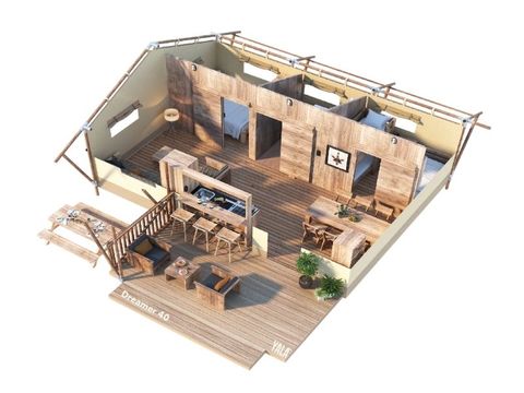 Tente en toile et en bois 5 personnes - TENTE LODGE 40 m2 2 ch 4/5 personnes