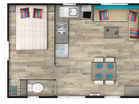 MOBILHOME 4 personnes - Confort 27m² - 2 chambres + Terrasse couverte + Clim réversible + TV